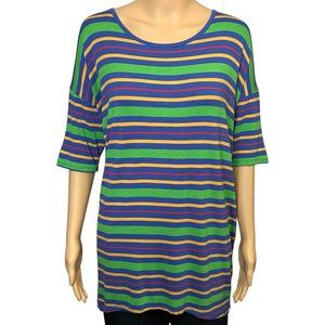 LuLaRoe Women's M Striped Green Blue Yellow Short Sleeve Irma Tunic Blouse Shirt